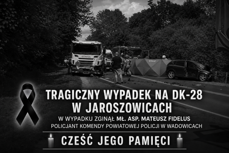 Tragiczny wypadek na DK-28 w Jaroszowicach. Nie żyje policjant KPP Wadowice
